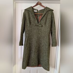 Vintage Julie Miller California Wool Long Sleeve Collar V-Neck Green Lined Dress